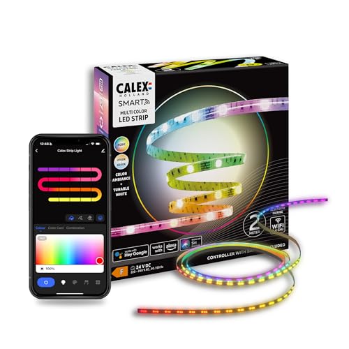 CALEX Striscia LED Smart, 2 m, colori RGBIC, flessibile & ritagliabile, Dimmerabile, controllo app Wi-Fi & vocale, con telecomando