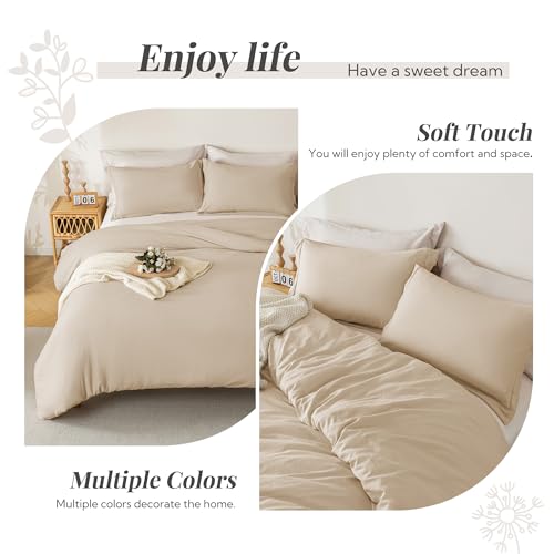 Image of MILDLY Duvet Cover 120 inchx98 inch Ultra Soft Comforter Cover Set 3pcs, Khaki | Washed Microfiber Cotton-Like, Breathable Comfort, Hidden Zipper, Corner Ties, OEKO-TEX Certified, Fade Resistant