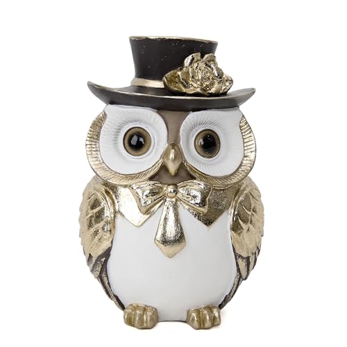 Figura decorativa búho de resina con sombrero y rosa dorada