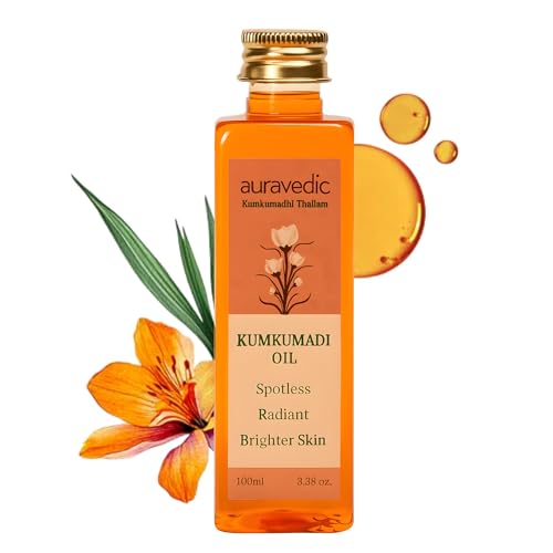 Auravedic Kumkumadi Oil with Pure Saffron | Radiance Enhancing Face Oil for Dull, Dry & Uneven Skin | Lightweight Hydrating Formula for a Smooth, Glowing Complexion | 3.38 Fl Oz (100ml)