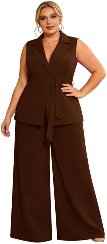 Womens 2 Piece Outfits Plus Size Vest with Belt Wide Leg Pants Casual Dressy Office Wedding