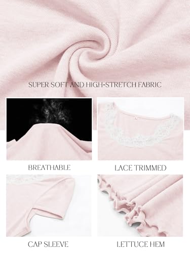 Outfeel Women's Lace Trim Scoop Neck Cap Sleeve Cropped Tee, Soft Stretch Slim Fit Coquette Balletcore Summer Going Out Top Pink Large — view 4