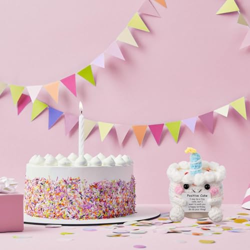 Positive Pocket Birthday Cake Doll, Funny Emotional Support Knitted Cake Toy with Positive Card, Woolen Crochet, Cheer Up Graduation Gift, Encouragement for Friends