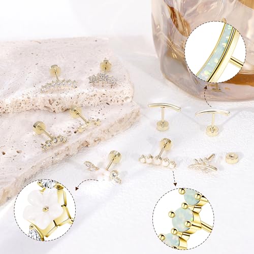 9Pcs 18G 14K Gold 316L Stainless Steel Cartilage Earrings for Women Helix Earrings Dainty Opal Leaf Flat Back Stud Earrings CZ Flower Conch Earrings Piercing Jewelry 6/8MM3