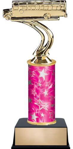 9.75" Auto School Bus Custom Engraved Pink and Silver Star Column Trophy Awards