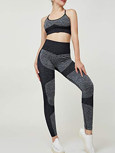 ZIMEX Conjunto Deporte Mujer, Conjunto Ropa Deportiva para Mujer, Conjunto Top Y Mallas Mujer, Conjunto Leggins Y Top Mujer, Leggins Deportivo Mujer Sin Costura, Ropa Gym Mujer (L, Negro)