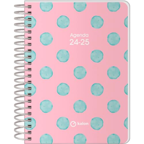 Dohe - Agenda Escolar 2024 2025 - Día por Página, Tamaño A6 (12x17 cm), Cierre de Anillas, Español e Inglés, Septiembre a Junio, Material Escolar - KALON Dots