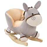 QUAHEAS Schaukeltier Esel mit Rückenlehne Plüsch grau 60x32x55 cm Kinder Schaukelpferd mit Holzsockel Metallrahmen Griff und Gurt für Baby Kleinkind Indoor Spielzimmer Geschenk