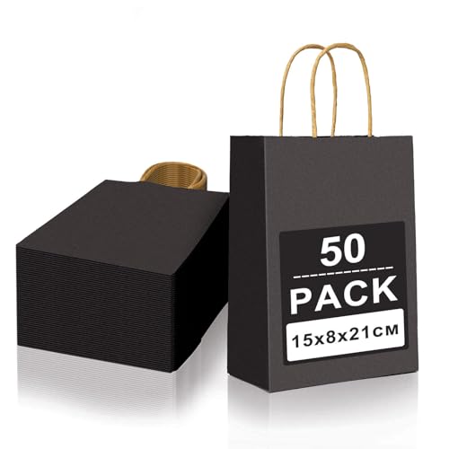 Gucass 50 Stück Klein Papiertüten mit Henkel, Schwarz Kraft Papiertaschen Geschenktüten, 15x8x21cm Papiertragetasche, Geschenktaschen zum Verpacken Einkaufen Geburtstag Partys Hochzeit Weihnachten