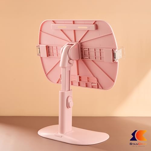 Image of 1 Compartment Portable Adjustable Tablet Holder with Folding Hands Rotatable Book Stand Holder for Reading - Ideal for Cookbooks, Sheet Music, and More - Textbook Holder Organizer (Pink)