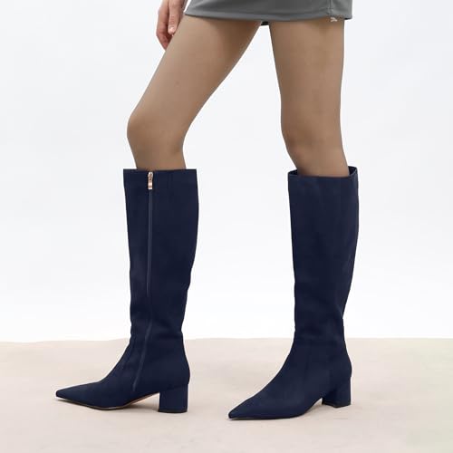 NUMALEO Womens Suede Zip Solid Fashion Party Pointed Toe Chunky Low Heel Knee High Boots 2 Inch2