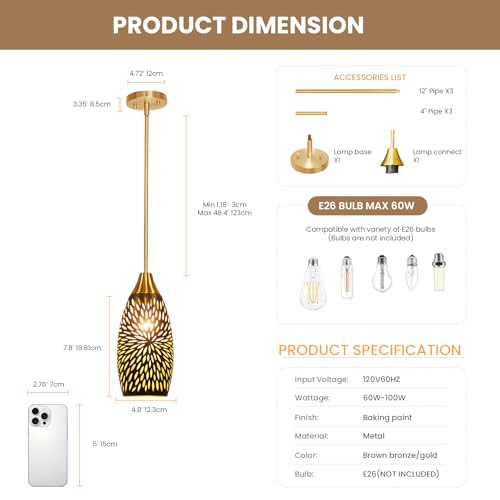 Pendant Lights,Wide 4.8'' Height 7.8'',Bronze Gold Chrysanthemum Pattern - image 2