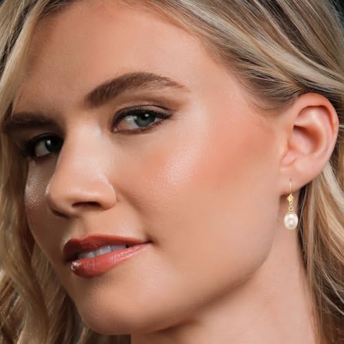 Gem Stone King 14K Gold 9MM Cultured Freshwater Pearl Dangle Earrings For Women | Leverback Gold Drop Earrings | Fine Jewelry Gifts for Her Mom Women Wife - Image 4