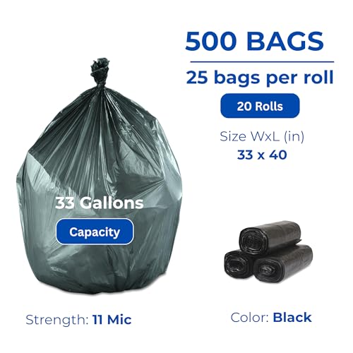 Image of Inteplast 33 Gal Capacity Coreless Roll Trash Can Liner, 33 x 40 Inches, 11-Micron Thickness, Black Color, 25 Bags per Roll, 20 Rolls (500 Count) | S334011K