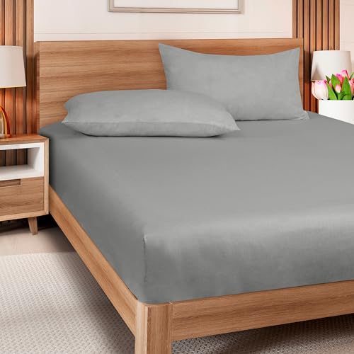 Image of ROYALE LINENS 300 Thread Count 100% Long Staple Combed Cotton Fitted Sheet Twin XL - Super Soft Deep Pocket Bottom Sheet - Fitted Sheets Only - Elastic Sheets (Twin XL, Silver)
