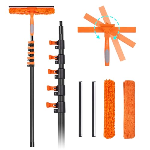 Image of Window Washing Kit with Extension Pole 4.7 to 24FT, Long Squeegee for Window Cleaning Indoor Outdoor, Carbon Fiber Telescopic Pole for Window Cleaner Tool with Microfibre Pad & Chenille Cloth