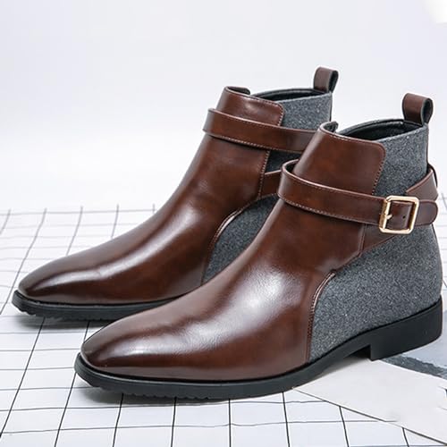 Men's Pointed Toe Slip on Chelsea Boots,Classic Leather Stitching Adjustment Buckle Retro High-top Dress Shoes Ankle Boots3