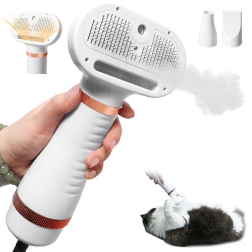Auveach 4 in 1 Spazzola a Vapore per Gatti e Cani Spazzola Gatto Ricaricabile 300W Asciugatore Portatile Phon Silenzioso 50dB per Cani 3 Modalità Temperatura Regolabile