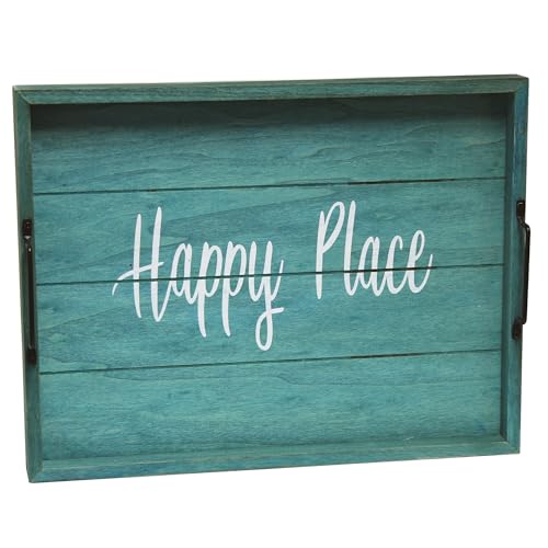 Elegant Designs HG2000-BHP Coastal Beach Lake Decorative Wood Serving Tray w/Handles, 15.50” x 12”, Blue Wash Happy Place