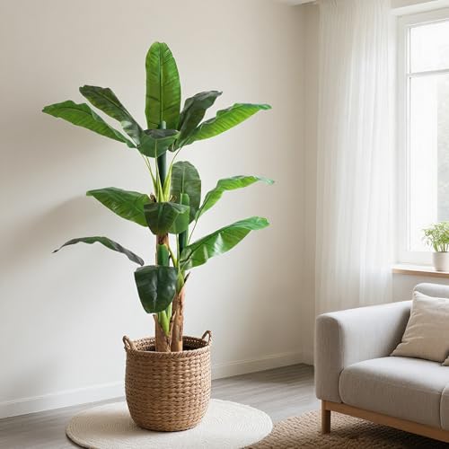 Image of 5ft Extra Tall Artificial Banana Tree, Fake Banana Leaf Plant with 12 Faux Banana Leaves, Perfect for Home Indoor Outdoor Patio Office Tropical Decor