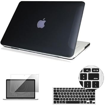 UESWILL 3in1 Matte Hard Shell Case Cover Compatible with 13 inch White Unibody MacBook Model A1342 + Keyboard Cover and Screen Protector + Microfibre Cleaning Cloth, Black