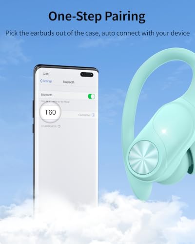 PocBuds Bluetooth Headphones Wireless Earbuds 80hrs Playtime Wireless Charging Case Digital Display Sport Ear buds with Earhook Deep Bass IPX7 Waterproof Over-Ear Earphones for Phone Laptop Mint Green - 5