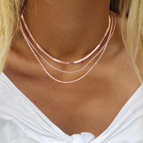 Image of Freekiss Layered Necklace Set for Women Stackable | Herringbone Snake Cuban Rope Chain, Dainty Choker, Layered Stackable, Non Tarnish, Hypoallergenic, Adjustable 14-18.5 inch