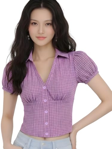 Image of Women V-Neck Puff Sleeve Crop Top with Back Tie-Up Detail