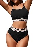 Zuvebamyo Women's High Waisted Swimsuit Two Piece Ribbed Bikini Sets Crop Top High Cut Cheeky Bathing Suits Black M