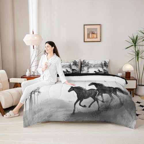 Image of Galloping Horse Full Size Bed Sheets and Comforter Set | Cowboy Farm Animal 7 Piece Bedding Set Smoky Mountain Western Bed in a Bag,Black and White Ink Painting Plant Rainforest Folk Retro Room Decor