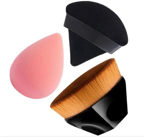 Makeup Foundation Brush, Beauty Blender & Triangular Fan Powder Puff - Set