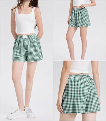 Image of Women Pajamas Shorts Y2k Elastic Waist Plaid Boxer Shorts Cute Gingham Sleep Lounge Bottoms