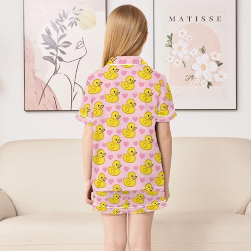 Cute Yellow Rubber Ducks Summer Satin Pajama Set, Cute Button-Down Sleepwear Pj Set for Sleep Wears4