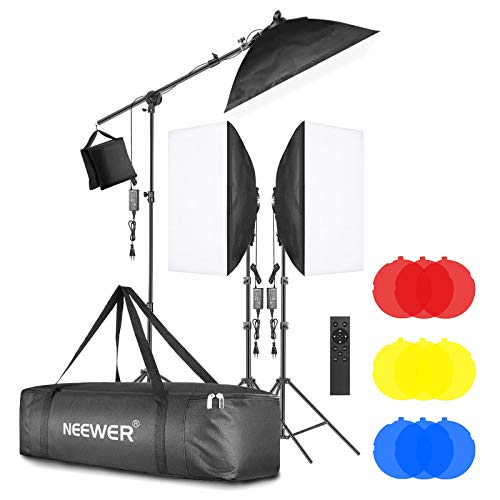 Neewer 3 Kit di Illuminazione a LED 2,4G con Filtri Colorati: 51,1x71cm Softbox, 3200-5600K 48W Lampadina LED Dimmerabile con 2,4G Telecomando, Cavalletto, Asta & Borsa di Trasporto per Foto Video