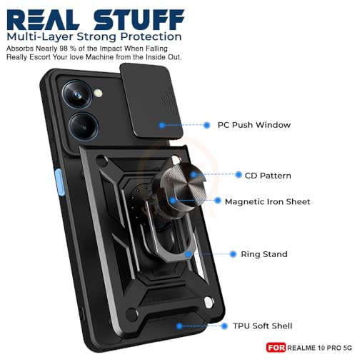 Image of Armor Bumper Back Cover Case for REALME 10 PRO Rotating Camera Cover, Ring Holder & Kickstand | Heavy Duty & 360 Degree Protection REALME 10 PRO Back Cover (Black)