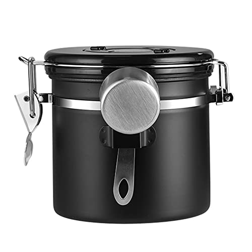 IwaiLoft 1200mL 珈琲キャニスター コーヒー豆 キャニスター ステンレス製 大容量 日付表示 排気バルブ&スプーン付き 珈琲 保存容器 密封容器 茶筒 お菓子 糖 香料 防湿保存缶 IwaiLoft Canister(ブラック)