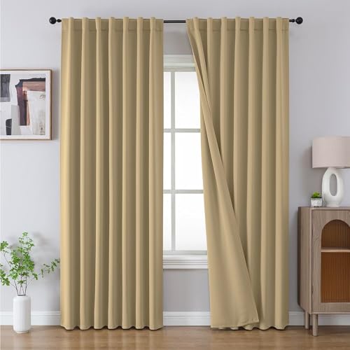 Joydeco 90 Inch Blackout Curtains for Bedroom, Thermal Insulated Black Out Curtains 2 Panels Se, Room Darkening Drapes for Living Room Window Rod Pocket Back Tab (W52 x L90 Inch, Beige)