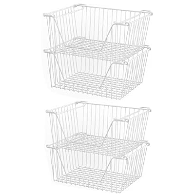 Slideep 14'' Large Stackable Storage Baskets Cabinet Organizer Sturdy Metal Wire Pantry Freezer Bin for Pantry Home Bathroom Kitchen Organization White - 4 Pack