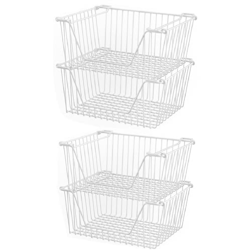 Slideep 14'' Large Stackable Storage Baskets Cabinet Organizer Sturdy Metal Wire Pantry Freezer Bin for Pantry Home Bathroom Kitchen Organization White - 4 Pack