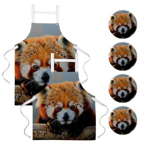 Tablier de serveuse panda rouge lot de 2 pour service en bistrot et pâtisserie maison