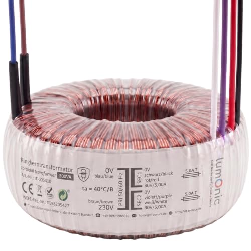 Lumonic Ringkerntrafo Transformator 300VA 2x30V für Audio, Industrie, Halogen und Schienensysteme - 230V Eingangsspannung - 60V Sekundärspannung - Modell RTO-826054