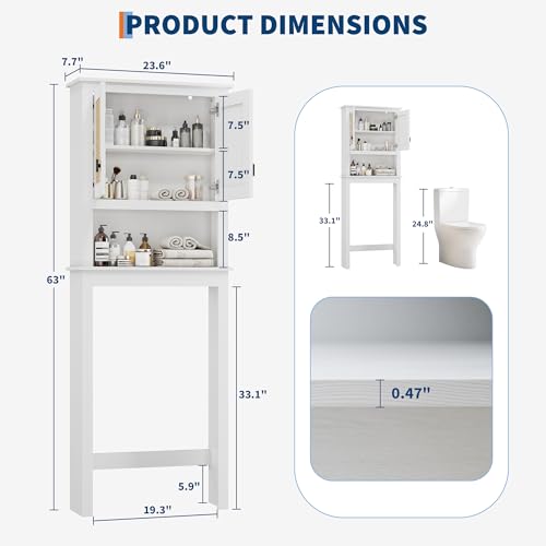 GarveeHome Over The Toilet Storage Cabinet, Farmhouse Over Toilet Bathroom Organizer with Rattan Doors, Freestanding Wood Above Toilet Storage Cabinet with Adjustable Shelf, White