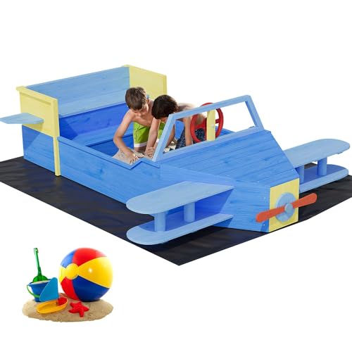 Airplane Wooden Sandbox, Outdoor Sand Box with Bottom Liner, Kids Sandpit w/Propeller, Rudder, Wings for Ages 3-8, Spacious Kids Sand Pit for Beach, Patio, Backyard