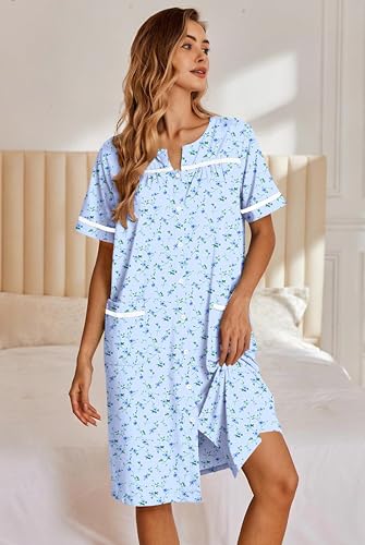 Image of Ekouaer Nightgowns for Women House Dress with Pockets Button Down Sleepshirt Short Sleeve Nightshirt Housecoat