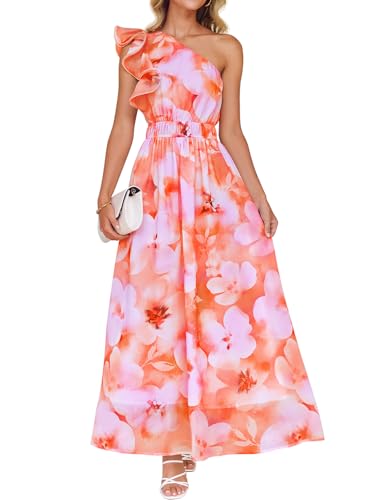 ZESICA Women's 2026 Boho Floral Sleeveless Maxi Dress Ruffle One Shoulder Elatsic High Waist Beach Party Long Dresses,Orange,Medium