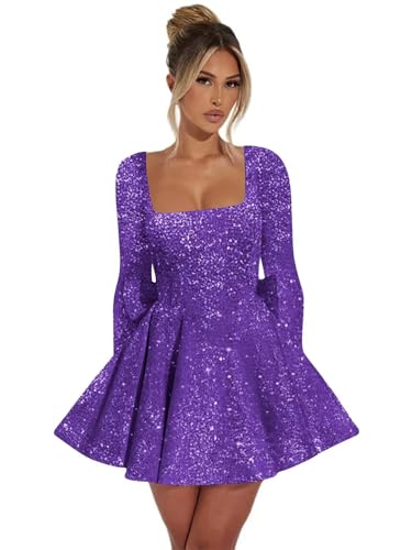 Sparkly Sequin Homecoming Dresses for Teens Long Sleeve Short Cocktail Prom Party Gown with Bow