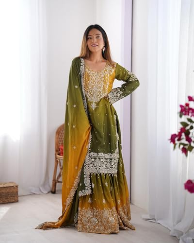 Image of Pandadi Saree Women's Chinon Silk Embroidery Kurta Sharara Set With Dupatta.