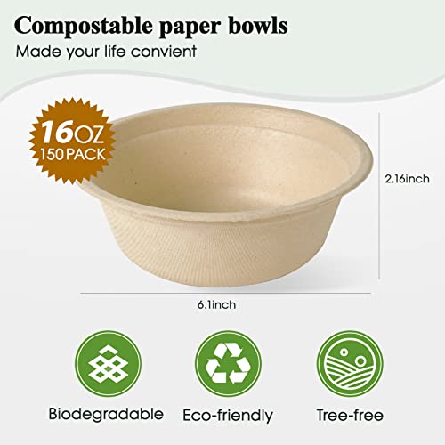 ECOLipak 150 Pack Compostable Disposable Paper Bowls, 16 OZ Biodegradable Bagasse Eco-Friendly Sugarcane Soup Bowls for Salad Wheat Flakes(Nature)