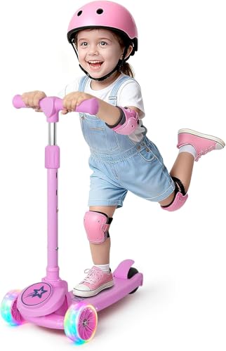 Nattork Kids Scooter for Girls Boys with Light Up Wheels 3 Adjustable Height Handlebars Lean-to-Steer Technology Widen Anti-Slip Deck 3 Wheel Scooter for kid ages 3-8 Support Riders Up to 110 LBS