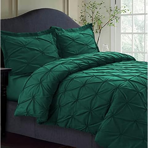 Tribeca Living Queen Duvet Cover Set, Plain Bed Set, Pintuck Microfiber, Wrinkle Resistant, Three Piece Set Includes One Duvet Cover and Two Sham Pillowcases, Sydney/Emerald Green Cover